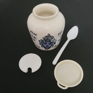 Vintage French Dijon Grey Poupon Ceramic Mustard Jar with Spoon and Cap.